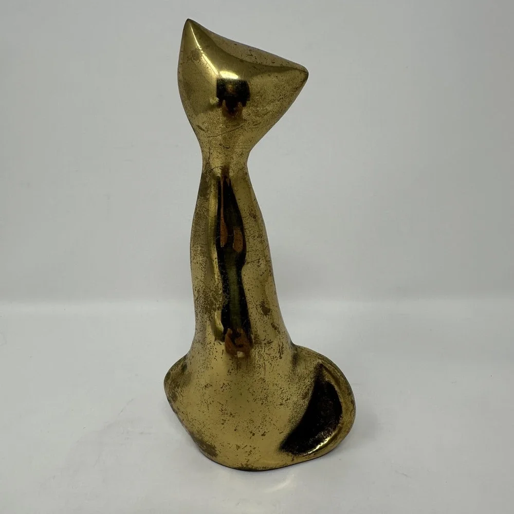 Vintage Solid Brass Cat Figurine Statue Sculpture MCM Style Gold‎ Tone Korea